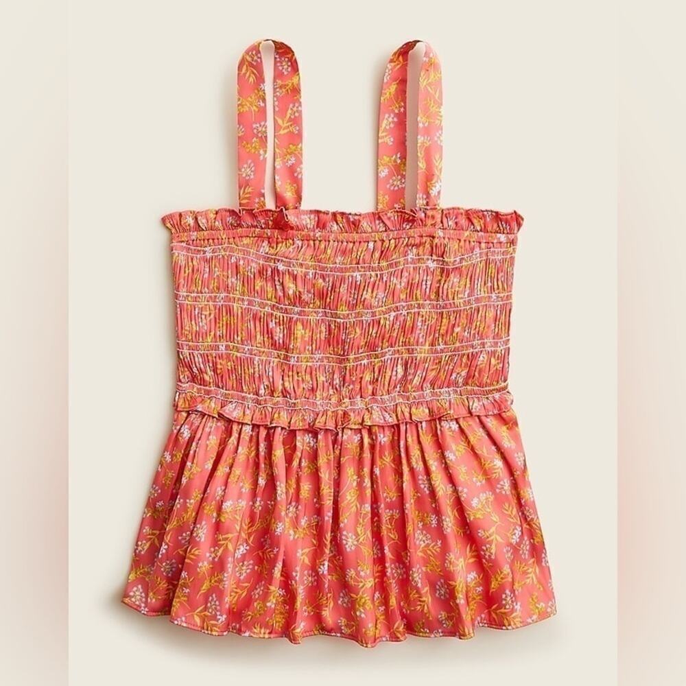 J. Crew Smocked Featherweight Satin Tank Top in Coral Meadow Floral